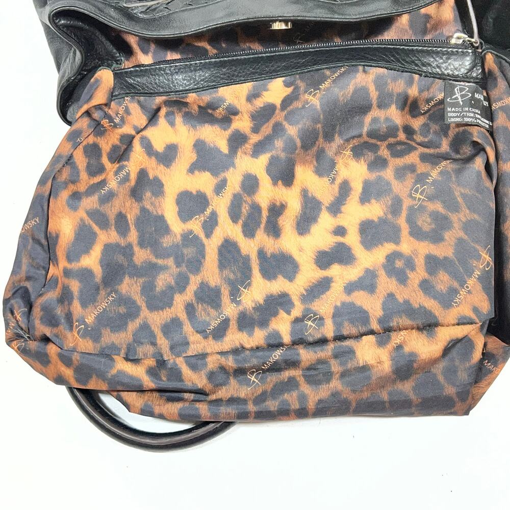 B. Makowsky Shoulder Tote Bag Purse Black Woven Braided Leather Leopard Lining - Picture 8 of 12